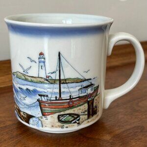 Vintage Nautical Mug Lighthouse Sailboat Harbor Waves Otagiri-Style Textured